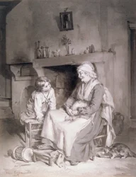 老婦人と少年のいるインテリア、1862年（紙にペンとインクで洗う）